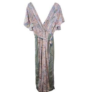 Pink Floral Wide Leg Jumpsuit Boho V Neck Flutter Sleeve Tie Waist